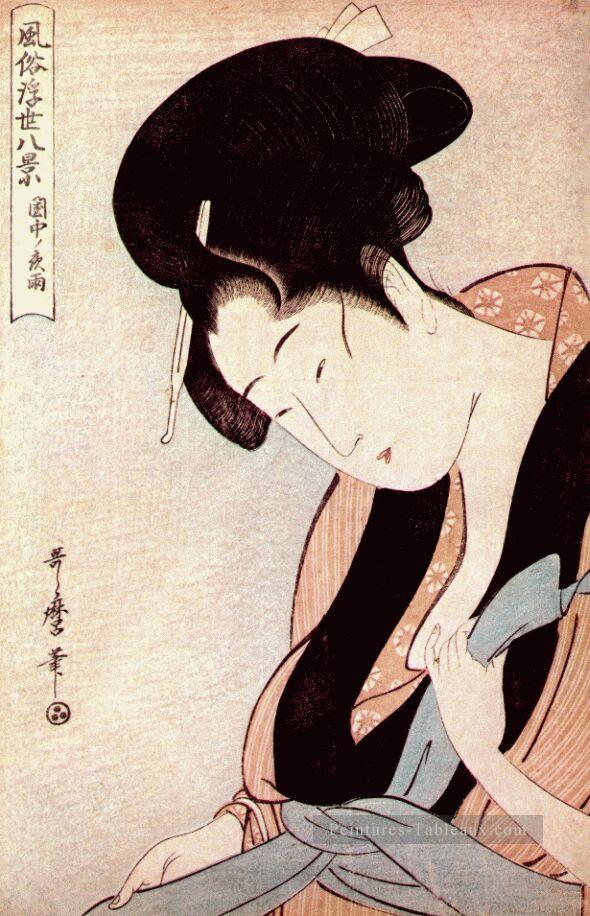 femme dans la chambre à coucher sur la nuit pluvieuse Kitagawa Utamaro ukiyo e Bijin GA Peintures à l'huile